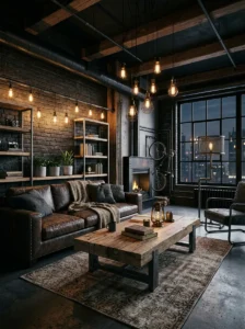 Industrial style dark living room with metal and wood elements