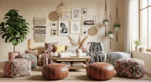 Colorful poufs adding a playful and cozy touch to a living room