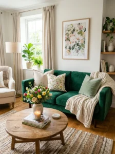 Green couch seasonal decor living room ideas