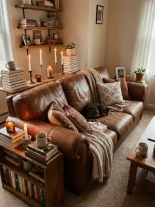 Brown couch living room with personal decor for a warm homey vibe