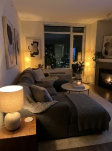 Grey couch with layered lighting creating a cozy modern ambiance
