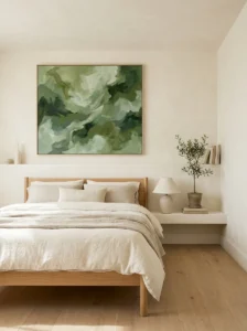 neutral bedroom with green artwork adding subtle color