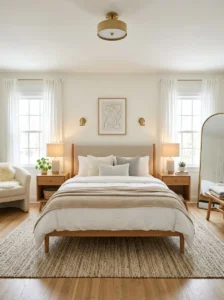 Symmetrical men’s bedroom layout with balanced modern design elements