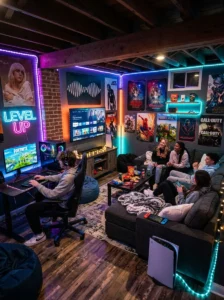“Basement teen hangout with LED lights and gaming area”
