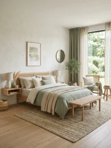 Japandi bedroom with muted accent colors like sage green and beige