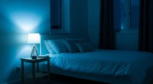 Blue lighting creating a relaxing ambiance in a bedroom