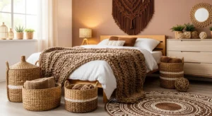 Textured brown elements adding depth to a bedroom