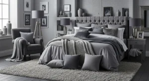 Mixed grey tones and textures creating a dynamic bedroom