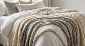 White throws adding warmth and comfort to a bedroom