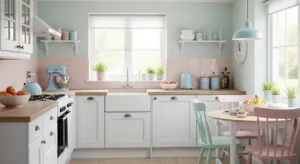 Pastel accents adding softness to a white kitchen
