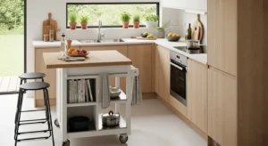 Mobile kitchen island for flexible use in small spaces