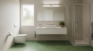 Green floor tiles adding contrast to bathroom