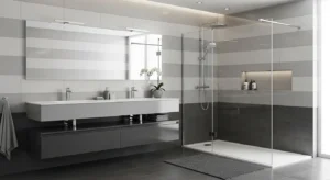 Glass elements keeping grey bathroom airy