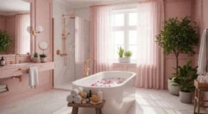 Spa-inspired pink bathroom with calming design