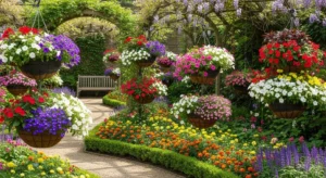 Hanging baskets adding layers to garden