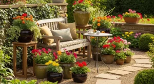 Pots around seating area creating cozy vibe