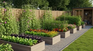 Raised beds placed along fence for space saving