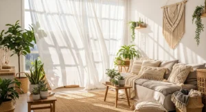 Light sheer curtains in boho living room