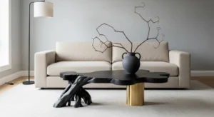 Beige sofa with statement coffee table adding visual interest