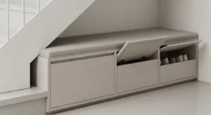 Under stairs storage bench combining seating and hidden storage