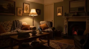 Soft lighting in vintage living room creating a warm cozy feel