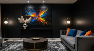 Artwork adding contrast to black living room walls