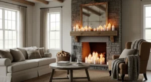 Farmhouse fireplace creating warm focal point in living room