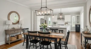 Open layout making farmhouse dining room feel spacious