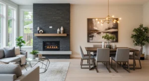 Focal point anchoring living and dining room combo