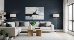 Dark blue feature wall in living room