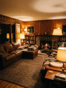 Brown living room with soft warm lighting creating a cozy and inviting ambiance