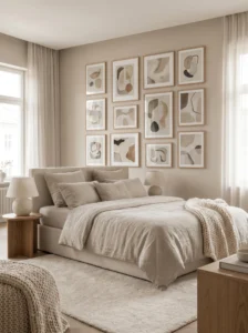 Neutral bedroom with gallery wall featuring soft-toned artwork