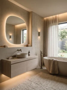 Taupe bathroom with warm neutral tones and modern styling