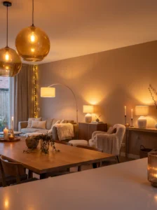 Layered lighting in living room dining combo for cozy ambiance