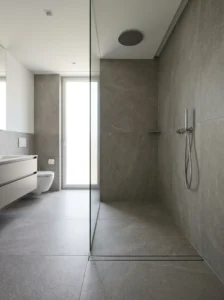 Curbless shower design with seamless transition and modern look