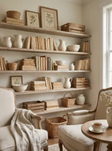 open shelving French country living room decor styling