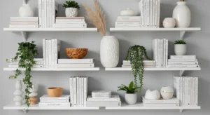 White bookshelf styled with minimal decor and plants for a clean look