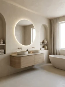 Bathroom with curved mirror and soft rounded design elements
