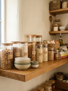 Scandinavian kitchen with glass jars and ceramics displayed on open shelves