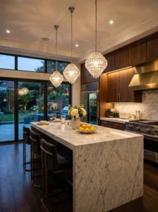 Crystal pendant lights adding elegance to modern luxury kitchen island