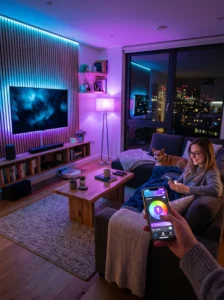 Smart lighting system in living room with adjustable colors and brightness