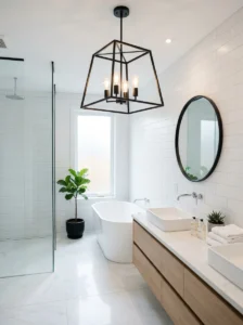 White bathroom with statement lighting adding personality and style