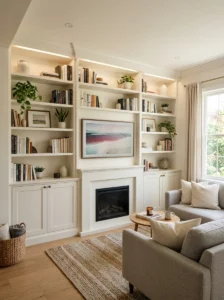 Built-in storage in a small living room maximizing every inch efficiently