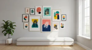 Colorful gallery wall creating a lively focal point in a living room