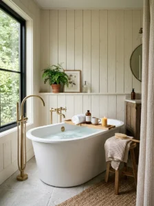 Bathtub with textured wall adding depth and style to the bathroom