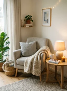 Cozy corner Scandinavian living room reading nook