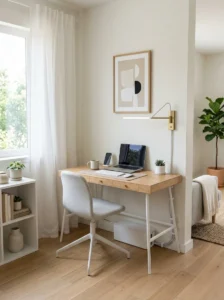 Clutter free living room office setup with minimal decor