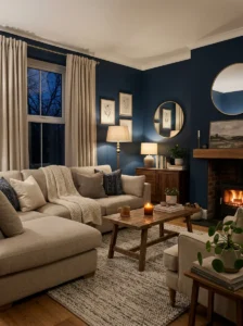 Dark blue living room walls creating a soft and dramatic interior