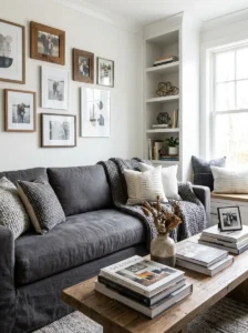 Grey couch with personal decor touches in a modern living room