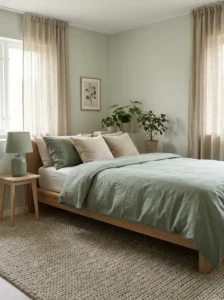 sage and beige bedroom with warm minimal aesthetic